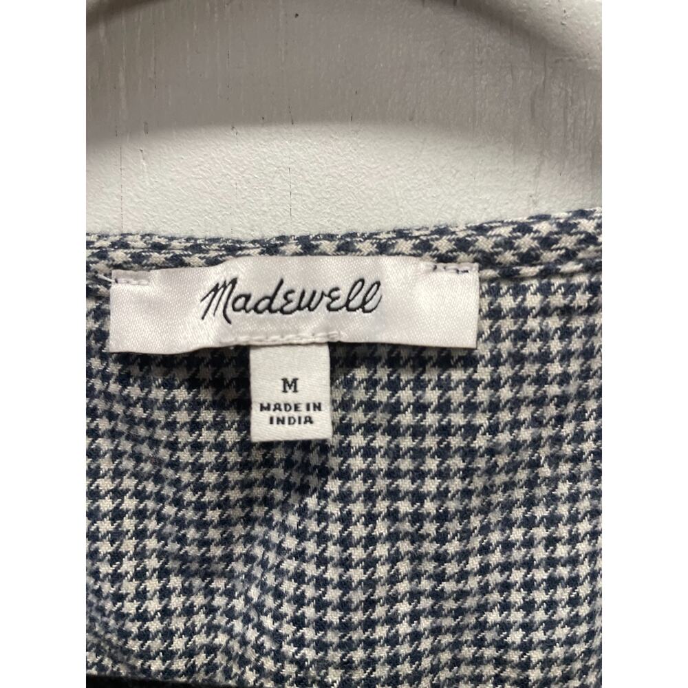 Madewell Women's V Neck Top Small Puff Sleeves Cropped Navy & Ivory Houndstooth - Picture 3 of 8